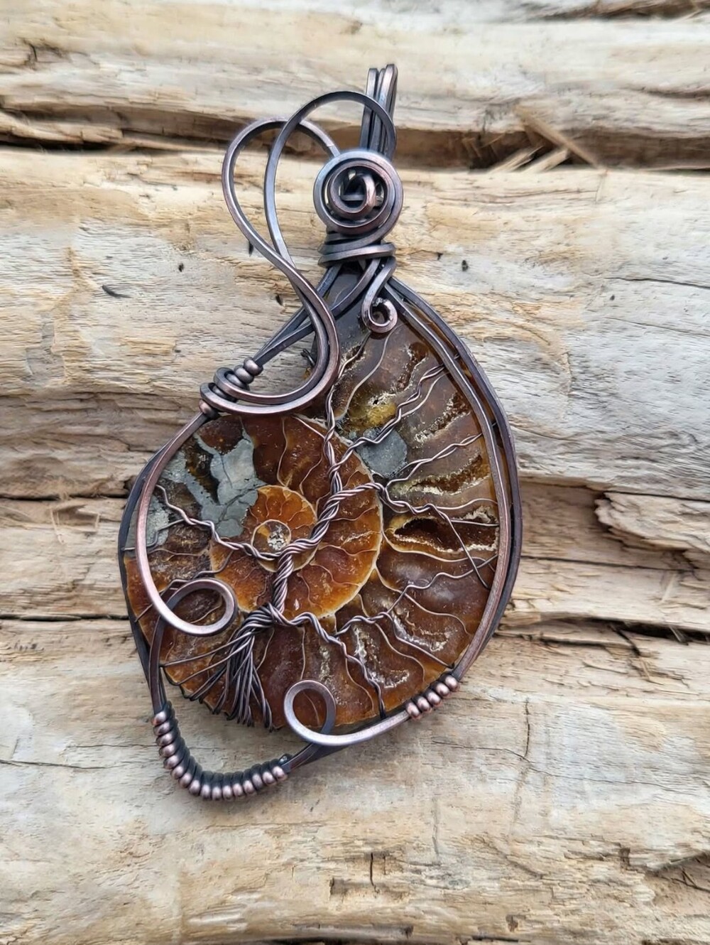 Handmade Ammonite Fossil Tree Of Life Pendant